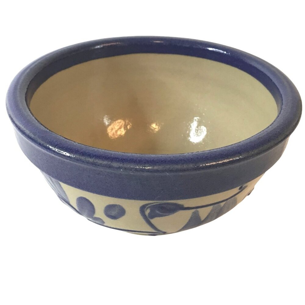 BEAUMONT BROTHERS POTTERY Salt Glaze Cobalt Blue Floral Bowl 4" Stoneware USA
